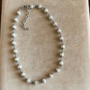 Elegant Silver and Faux Pearl Beaded Necklace;16” with 2” extender